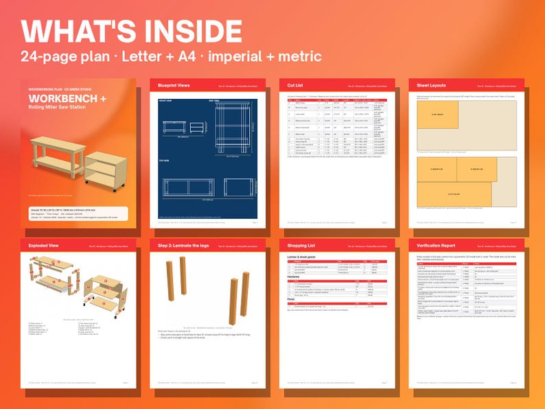 May include: A 24-page digital woodworking plan for a workbench and rolling miter saw station. The document includes blueprint views, a cut list, sheet layouts, an exploded view, assembly steps, a shopping list, and a verification report.