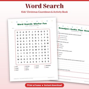 Może przedstawiać: Książka z zadaniami Kids' Christmas Countdown & Activity Book zawierająca stronę Word Search: Winter Fun z siatką liter i listą sł&oacute;w do znalezienia oraz stronę Grandpa's Cookie Plan: Questions z pytaniami wielokrotnego wyboru do tekstu.