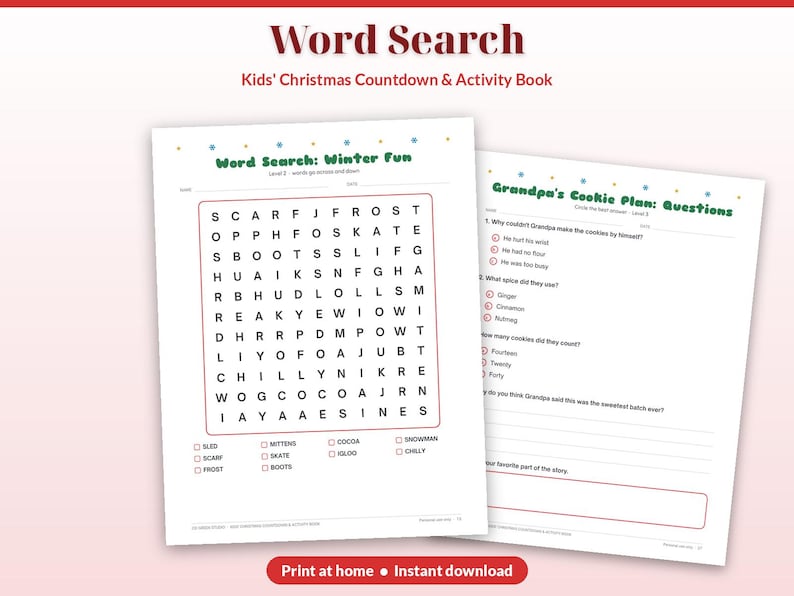 Może przedstawiać: Książka z zadaniami Kids' Christmas Countdown & Activity Book zawierająca stronę Word Search: Winter Fun z siatką liter i listą sł&oacute;w do znalezienia oraz stronę Grandpa's Cookie Plan: Questions z pytaniami wielokrotnego wyboru do tekstu.