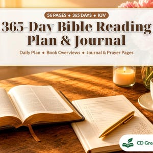 May include: A 365-Day Bible Reading Plan & Journal with 56 pages and KJV text. The cover features the title, Daily Plan, Book Overviews, and Journal & Prayer Pages. An open book, a notebook with a gold pen, and a candle are visible.