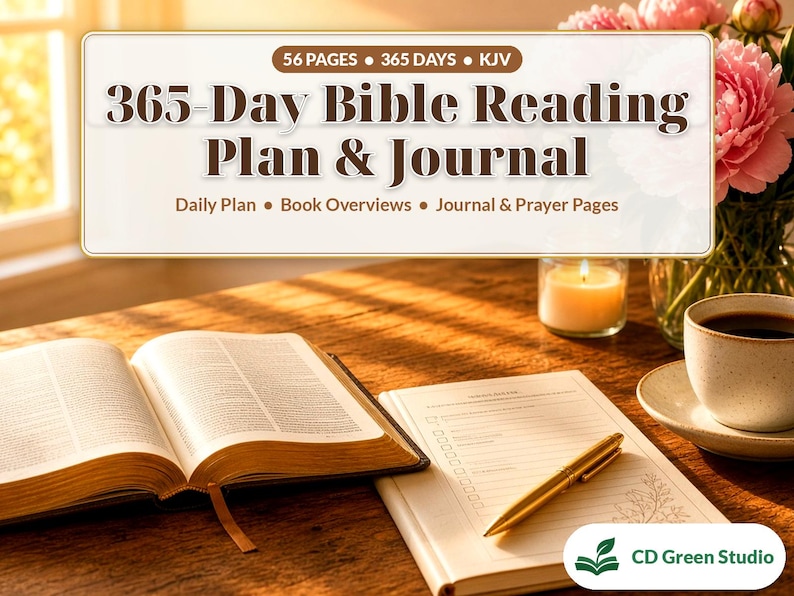 May include: A 365-Day Bible Reading Plan & Journal with 56 pages and KJV text. The cover features the title, Daily Plan, Book Overviews, and Journal & Prayer Pages. An open book, a notebook with a gold pen, and a candle are visible.