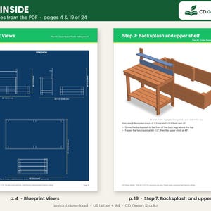 May include: A digital document preview showing two pages of a woodworking plan for a cedar raised bed and potting bench. Page 4 displays technical blueprint views with dimensions in inches, while page 19 illustrates assembly step 7.