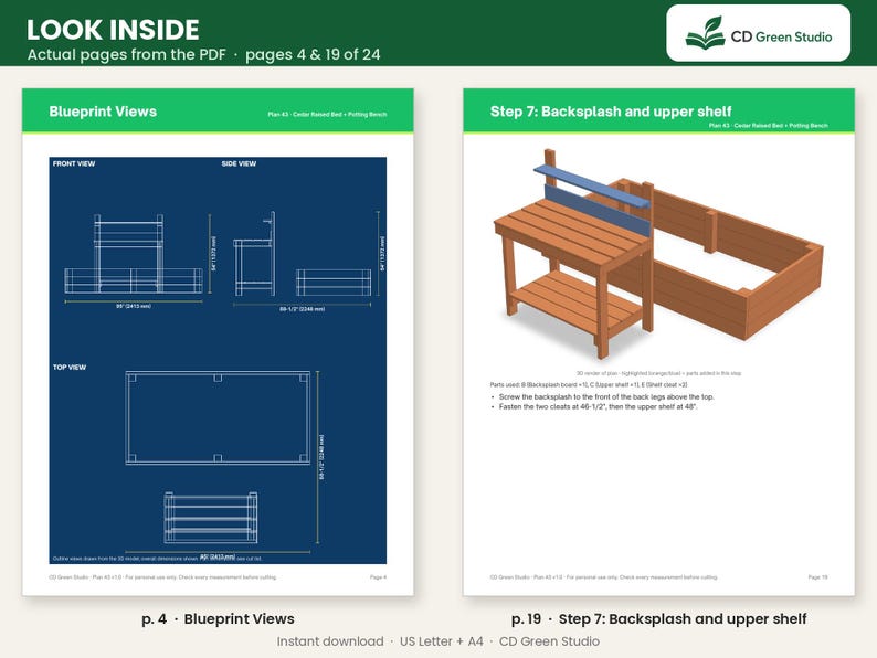 May include: A digital document preview showing two pages of a woodworking plan for a cedar raised bed and potting bench. Page 4 displays technical blueprint views with dimensions in inches, while page 19 illustrates assembly step 7.