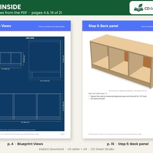 May include: A digital woodworking plan for an entry bench with shoe cubbies, featuring blueprint views with dimensions in inches and millimeters, and a step-by-step guide for installing the back panel. The document includes text labels.
