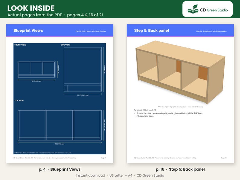 May include: A digital woodworking plan for an entry bench with shoe cubbies, featuring blueprint views with dimensions in inches and millimeters, and a step-by-step guide for installing the back panel. The document includes text labels.