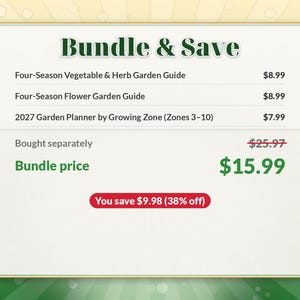 Pode incluir: Um gr&aacute;fico digital intitulado Bundle & Save listando um guia de hortas e ervas, um guia de jardins de flores e um planejador de jardim 2027 por zona de cultivo (zonas 3-10) com pre&ccedil;os e economias associadas.