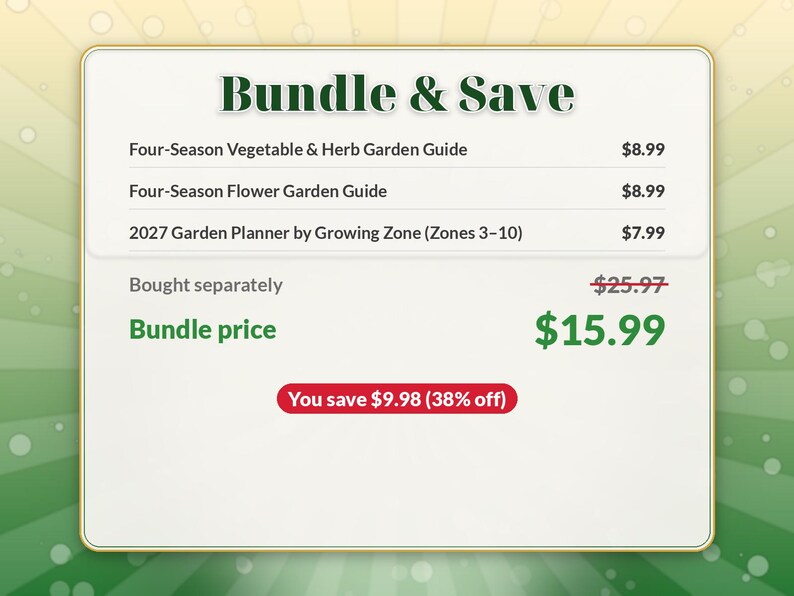 Pode incluir: Um gr&aacute;fico digital intitulado Bundle & Save listando um guia de hortas e ervas, um guia de jardins de flores e um planejador de jardim 2027 por zona de cultivo (zonas 3-10) com pre&ccedil;os e economias associadas.