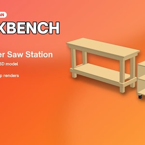 May include: A woodworking plan for a workbench and rolling miter saw station. The document includes 24 pages, cut lists, imperial and metric measurements, cut diagrams, and step renders. The text reads: WOODWORKING PLAN WORKBENCH + Rolling Miter Saw Station.