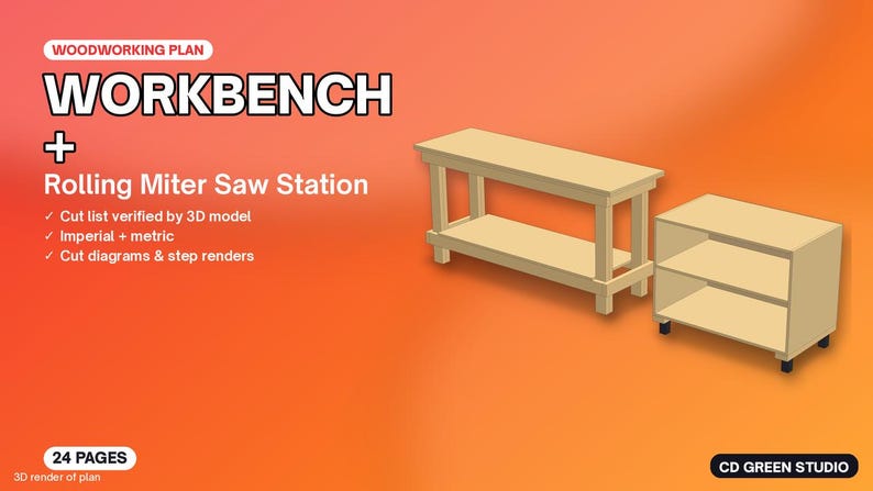 May include: A woodworking plan for a workbench and rolling miter saw station. The document includes 24 pages, cut lists, imperial and metric measurements, cut diagrams, and step renders. The text reads: WOODWORKING PLAN WORKBENCH + Rolling Miter Saw Station.