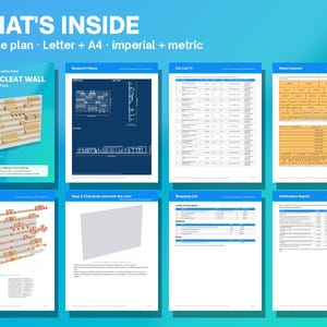 Puede incluir: Un plan digital de 34 p&aacute;ginas para una pared de listones franceses y un paquete de 25 soportes para herramientas. El documento incluye planos, lista de corte, dise&ntilde;os de hojas, vista explosionada, instrucciones, lista de compras y reporte.
