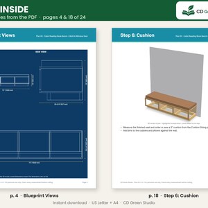 May include: A digital document preview showing two pages of a woodworking plan for a cabin reading nook bench. Page 4 displays blueprint views with dimensions in inches and millimeters. Page 18 illustrates step 6, showing a 3D rendering of a bench with a brown cushion.
