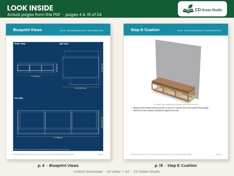 May include: A digital document preview showing two pages of a woodworking plan for a cabin reading nook bench. Page 4 displays blueprint views with dimensions in inches and millimeters. Page 18 illustrates step 6, showing a 3D rendering of a bench with a brown cushion.