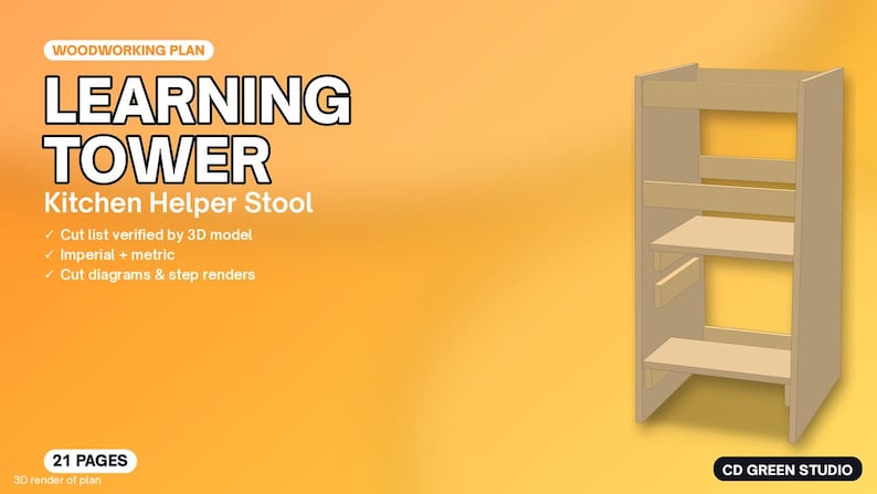 May include: A woodworking plan for a learning tower kitchen helper stool. The document includes a cut list, imperial and metric measurements, cut diagrams, and step renders. The text reads Woodworking Plan Learning Tower Kitchen Helper Stool.