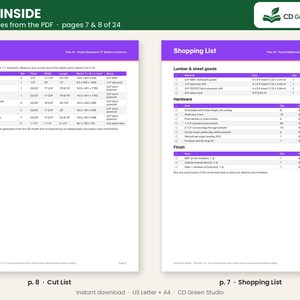 May include: A digital document preview showing two pages of a furniture building plan. The left page is a Cut List with tables for parts A through H. The right page is a Shopping List for lumber, hardware, and finish. Both pages feature purple headers.