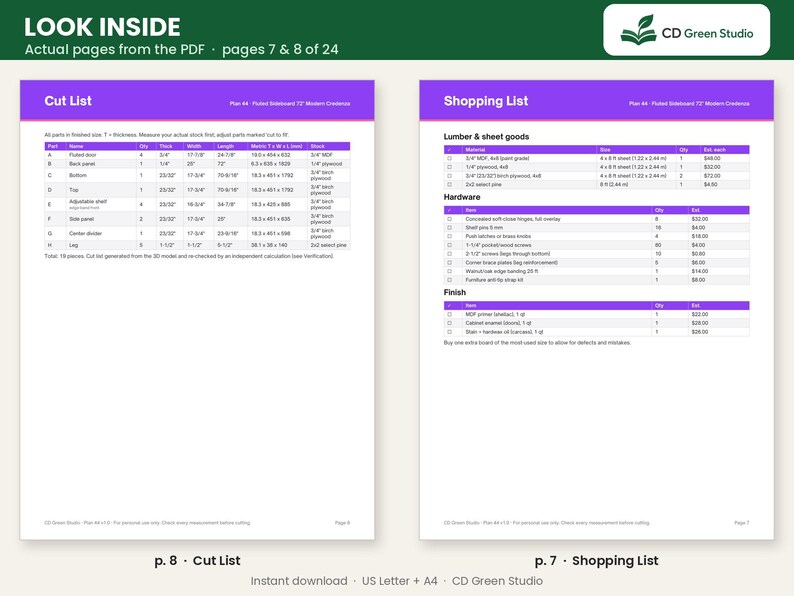 May include: A digital document preview showing two pages of a furniture building plan. The left page is a Cut List with tables for parts A through H. The right page is a Shopping List for lumber, hardware, and finish. Both pages feature purple headers.