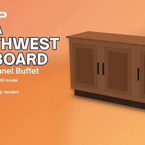 May include: A woodworking plan for a Mesa Southwest Sideboard Stepped-Panel Buffet. The document includes 24 pages, a cut list verified by a 3D model, imperial and metric measurements, cut diagrams, and step renders by CD Green Studio.
