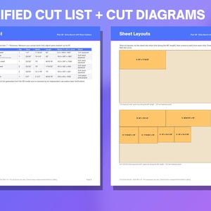 May include: A digital document titled Verified Cut List + Cut Diagrams for an entry bench with shoe cubbies. It features a detailed table of parts with imperial measurements and two rectangular sheet layouts showing how to cut the wood.
