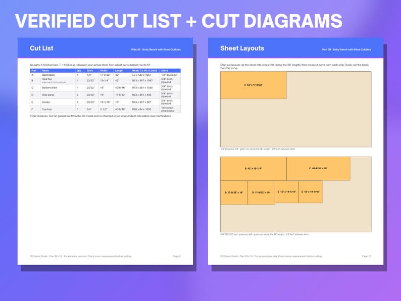 May include: A digital document titled Verified Cut List + Cut Diagrams for an entry bench with shoe cubbies. It features a detailed table of parts with imperial measurements and two rectangular sheet layouts showing how to cut the wood.