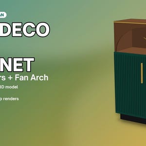 May include: A woodworking plan for a Neo Deco Bar Cabinet with fluted doors and a fan arch. The document includes a cut list, imperial and metric measurements, cut diagrams, and step renders across 24 pages by CD Green Studio.