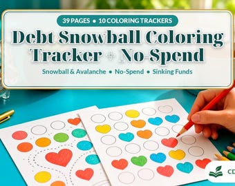 Kleurentracker voor de schuldensneeuwbalmethode + Uitdaging om geen geld uit te geven – Printbaar PDF-bestand