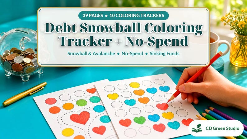 May include: A Debt Snowball Coloring Tracker and No-Spend printable set featuring 39 pages and 10 coloring trackers. The document includes sections for Snowball, Avalanche, No-Spend, and Sinking Funds, with heart-shaped coloring icons.