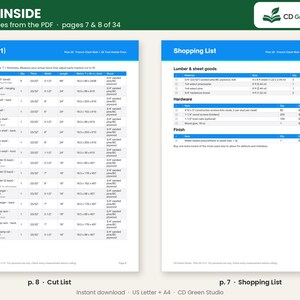 Puede incluir: Dos p&aacute;ginas de documento digital tituladas Look Inside, que muestran una lista de corte y una lista de compras para una pared de listones franceses y un soporte para herramientas. Las tablas incluyen columnas para piezas, cantidades y medidas en cm.