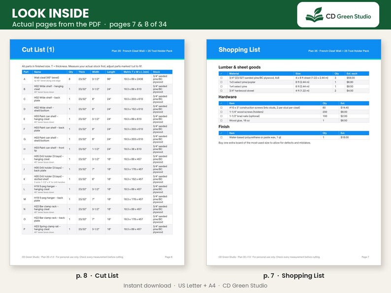 Puede incluir: Dos p&aacute;ginas de documento digital tituladas Look Inside, que muestran una lista de corte y una lista de compras para una pared de listones franceses y un soporte para herramientas. Las tablas incluyen columnas para piezas, cantidades y medidas en cm.