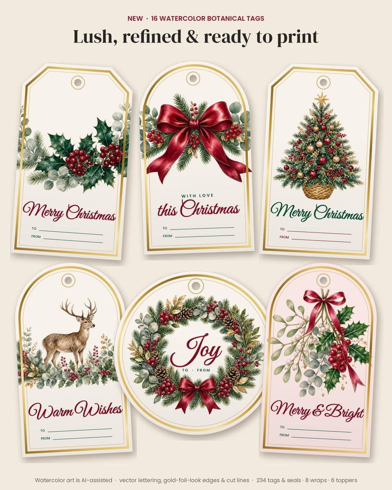 May include: Six rectangular and circular gift tags with gold-look borders featuring watercolor botanical illustrations of holly, a red bow, a Christmas tree, a deer, a wreath, and mistletoe with text including Merry Christmas and Joy.