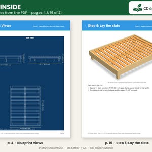 May include: A digital document titled Look Inside showing pages 4 and 16 of a furniture plan. Page 4 displays blueprint views of a bed frame with dimensions in inches and mm. Page 16 illustrates Step 5, laying wooden slats on the frame.