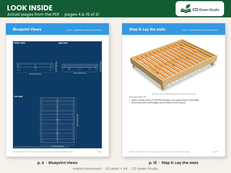 May include: A digital document titled Look Inside showing pages 4 and 16 of a furniture plan. Page 4 displays blueprint views of a bed frame with dimensions in inches and mm. Page 16 illustrates Step 5, laying wooden slats on the frame.