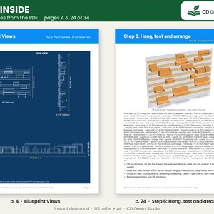 Puede incluir: Un documento digital titulado Look Inside de CD Green Studio que muestra las p&aacute;ginas 4 y 24 de un plano de pared French Cleat. La p&aacute;gina 4 muestra vistas de planos con dimensiones en mm y pulgadas. La p&aacute;gina 24 muestra un render 3D de soportes.