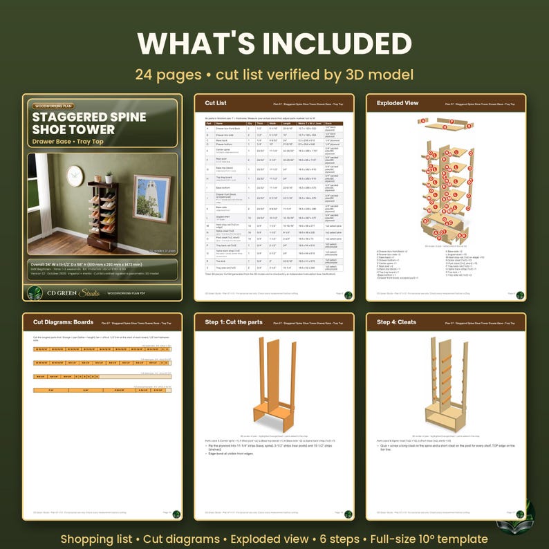 Printable Staggered Shoe Tower Plans, Angled Shoe Rack Woodworking Plan PDF, Drawer Base + Tray Top, Entryway Shoe Storage DIY, Letter or A4 image 3