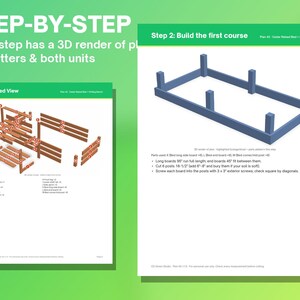 May include: A digital construction guide for a cedar raised bed and potting bench, featuring an exploded view diagram with labeled parts and a step-by-step instruction page with a 3D render of the base frame and assembly notes.