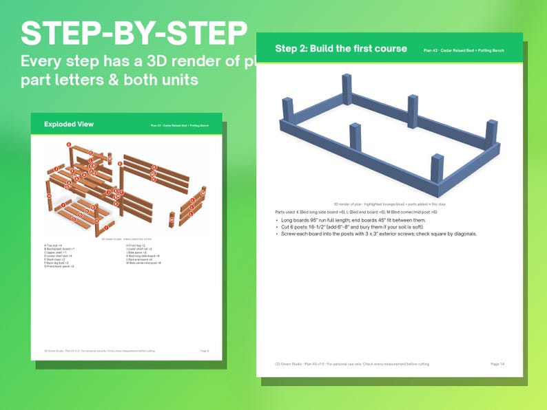May include: A digital construction guide for a cedar raised bed and potting bench, featuring an exploded view diagram with labeled parts and a step-by-step instruction page with a 3D render of the base frame and assembly notes.