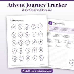 Puede incluir: Un documento devocional de 25 d&iacute;as Advent Journey Tracker que presenta una cuadr&iacute;cula de iconos circulares para colorear diariamente y una p&aacute;gina detallada titulada Shepherds at Night con escrituras y espacio para notas.