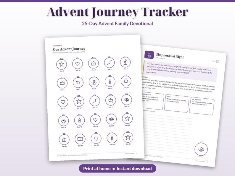 Puede incluir: Un documento devocional de 25 d&iacute;as Advent Journey Tracker que presenta una cuadr&iacute;cula de iconos circulares para colorear diariamente y una p&aacute;gina detallada titulada Shepherds at Night con escrituras y espacio para notas.
