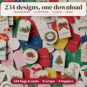 May include: A collection of 234 holiday gift tags and seals featuring watercolor illustrations of Christmas trees, holly, poinsettias, and bows. The tags are in various shapes and colors, including red, green, blue, and cream, with text like Merry Christmas, Noel, and Warm Wishes.