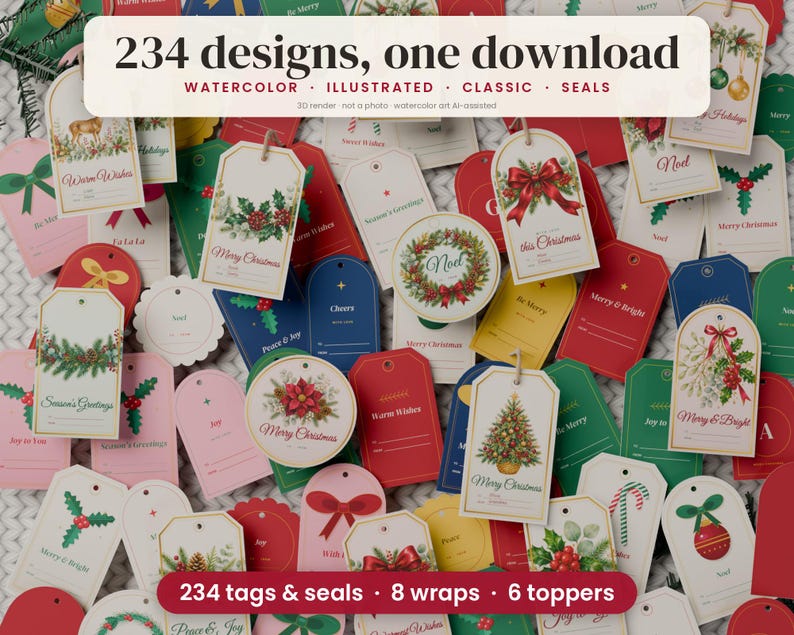 May include: A collection of 234 holiday gift tags and seals featuring watercolor illustrations of Christmas trees, holly, poinsettias, and bows. The tags are in various shapes and colors, including red, green, blue, and cream, with text like Merry Christmas, Noel, and Warm Wishes.