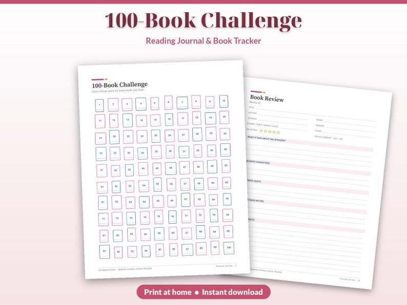 May include: A 100-Book Challenge reading journal and book tracker with two pages visible. One page features a grid of 100 numbered rectangles in pink and teal outlines. The second page is a book review template with lines for notes and a star rating.