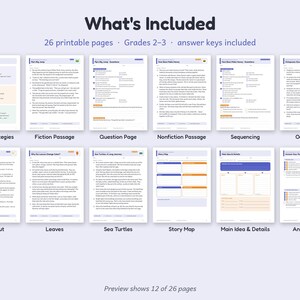Puede incluir: Una colecci&oacute;n de 26 p&aacute;ginas educativas imprimibles para los grados 2-3, que incluye gu&iacute;as de estrategias de lectura, pasajes de ficci&oacute;n y no ficci&oacute;n, preguntas de comprensi&oacute;n, tareas de secuenciaci&oacute;n y hojas de respuestas.