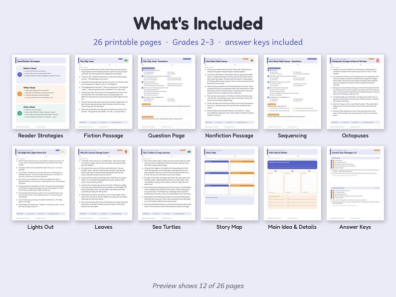 Puede incluir: Una colecci&oacute;n de 26 p&aacute;ginas educativas imprimibles para los grados 2-3, que incluye gu&iacute;as de estrategias de lectura, pasajes de ficci&oacute;n y no ficci&oacute;n, preguntas de comprensi&oacute;n, tareas de secuenciaci&oacute;n y hojas de respuestas.