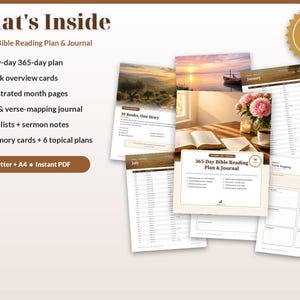 May include: A 56-page 365-Day Bible Reading Plan & Journal featuring a day-by-day plan, 66 book overview cards, 12 illustrated month pages, SOAP and verse-mapping journal, prayer lists, sermon notes, 16 memory cards, and 6 topical plans.