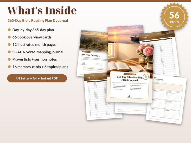 May include: A 56-page 365-Day Bible Reading Plan & Journal featuring a day-by-day plan, 66 book overview cards, 12 illustrated month pages, SOAP and verse-mapping journal, prayer lists, sermon notes, 16 memory cards, and 6 topical plans.