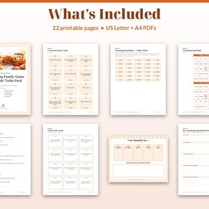 May include: A digital printable set titled Thanksgiving Family Game Night & Kids' Table Pack, containing 22 pages in US Letter and A4 formats. The collection includes bingo cards, trivia questions, conversation starters, and gratitude activity sheets.
