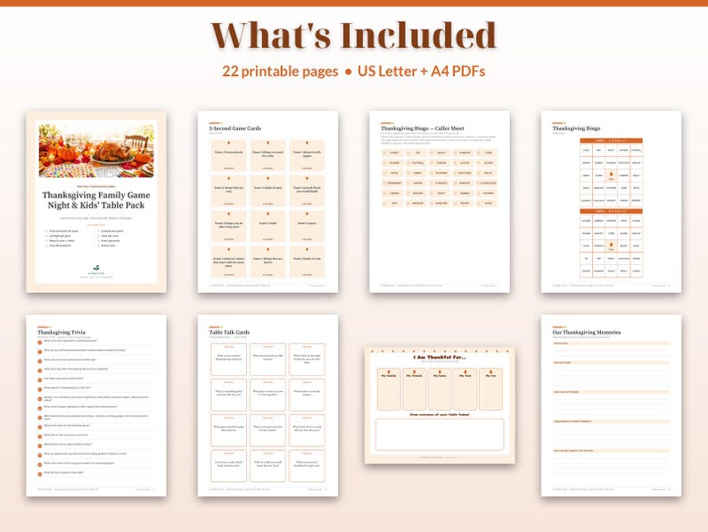 May include: A digital printable set titled Thanksgiving Family Game Night & Kids' Table Pack, containing 22 pages in US Letter and A4 formats. The collection includes bingo cards, trivia questions, conversation starters, and gratitude activity sheets.