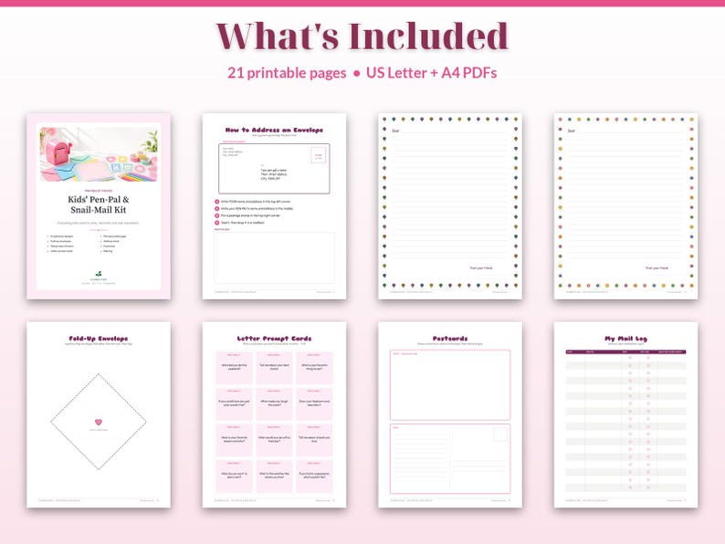 Puede incluir: Un kit digital imprimible de correspondencia para ni&ntilde;os con 21 p&aacute;ginas en formatos US Letter y A4. El conjunto incluye hojas de instrucciones, papel de carta con l&iacute;neas, plantillas de sobres plegables, tarjetas de ideas y un registro.
