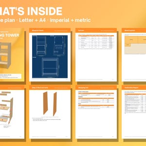 May include: A 21-page digital plan for a learning tower kitchen helper stool. The document includes blueprint views, a cut list, sheet layouts, an exploded view, assembly steps, a shopping list, and a verification report in imperial and metric.