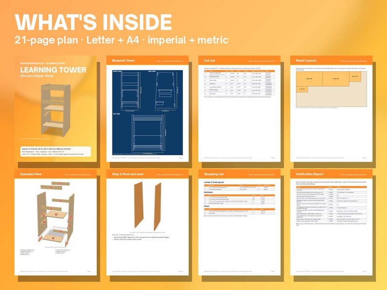 May include: A 21-page digital plan for a learning tower kitchen helper stool. The document includes blueprint views, a cut list, sheet layouts, an exploded view, assembly steps, a shopping list, and a verification report in imperial and metric.