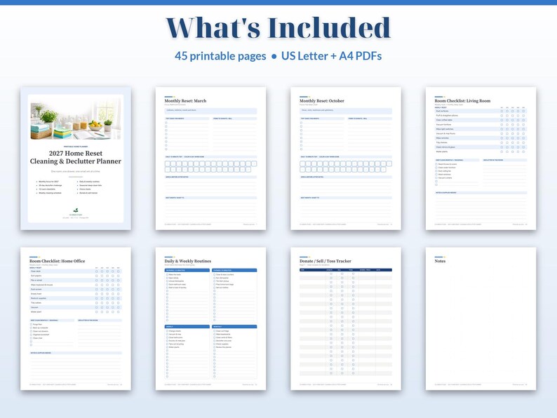May include: A 2027 Home Reset Cleaning & Declutter Planner with 45 printable pages in US Letter and A4 sizes. The set includes various templates such as monthly resets, room checklists, daily routines, and a donate, sell, or toss tracker.