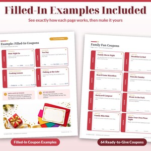 Puede incluir: Dos p&aacute;ginas imprimibles con plantillas de cupones. La p&aacute;gina izquierda muestra ejemplos rellenados como Date Night In y Cooking Lesson. La p&aacute;gina derecha muestra una lista de Family Fun Coupons, incluyendo Family Movie Night y Pancake Sunday.